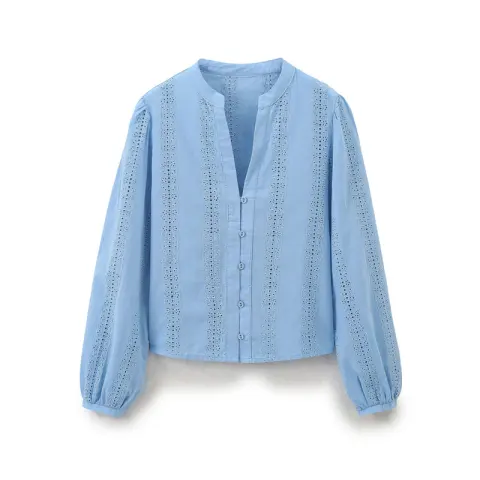 Temperament Crew Neck Long Sleeve Single-breasted Blue Embroidered Shirt