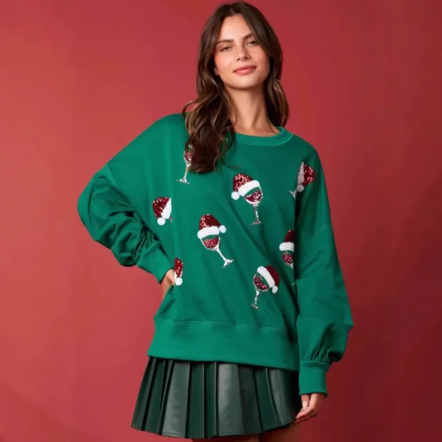 Christmas themed Double decorated Sequin Crewneck Hoodie Green - Shop at LoveMi