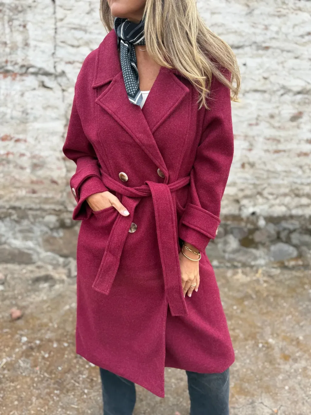 Autumn And Winter Lacing Cardigan Casual Long Sleeve Lapel Woolen Pocket Coat Women - Dark Red