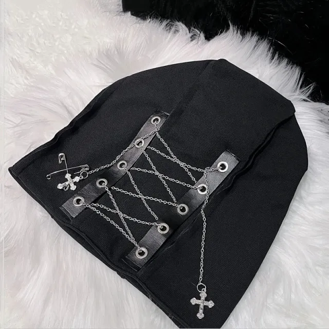 Deep Black Color Cool Harajuku Gothic Lolita Punk Hat Female Cross Autumn And Winter Hat Female Girl Accessories Cap Black - Shop at LoveMi