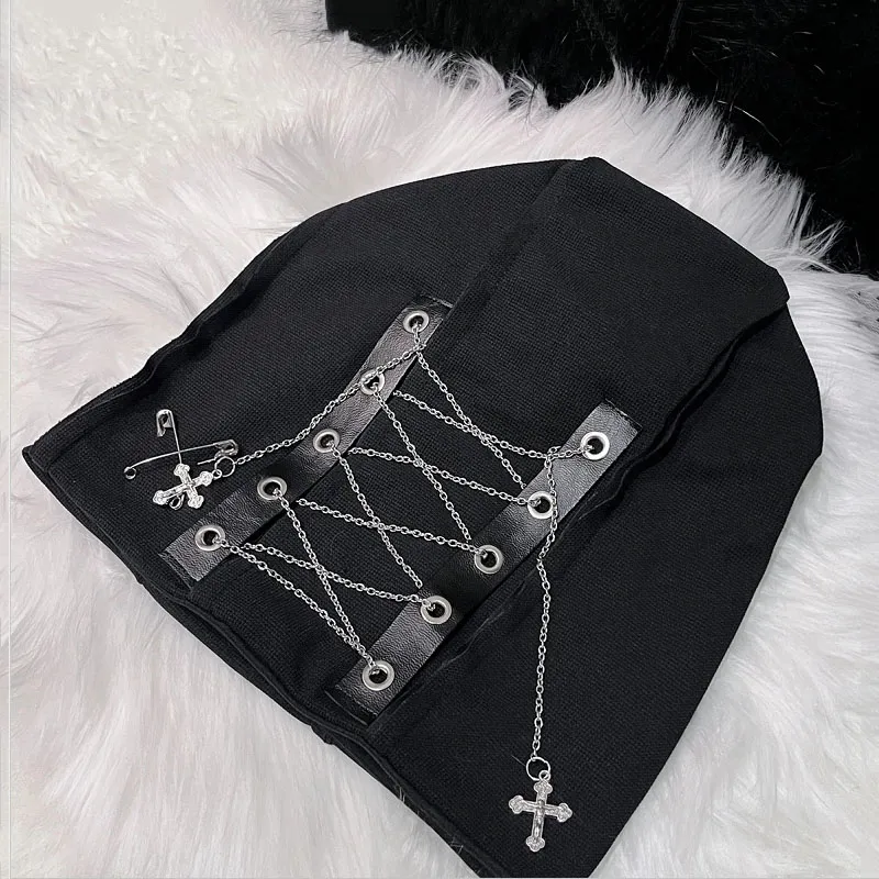 Deep Black Color Cool Harajuku Gothic Lolita Punk Hat Female Cross Autumn And Winter Hat Female Girl Accessories Cap - Black