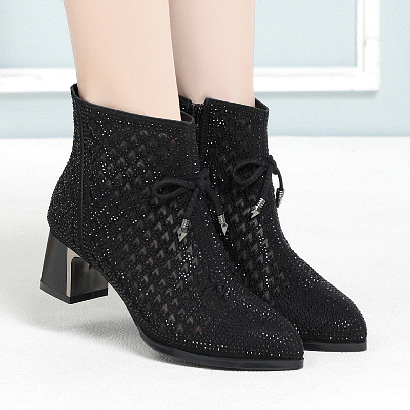 Women's Shoes Chunky Heel Mesh Boots Hollow Rhinestone High Heels