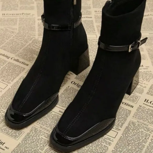 Retro French British Style Black Square Toe Leather Suede Ankle Side Zip Boots Black - Shop at LoveMi