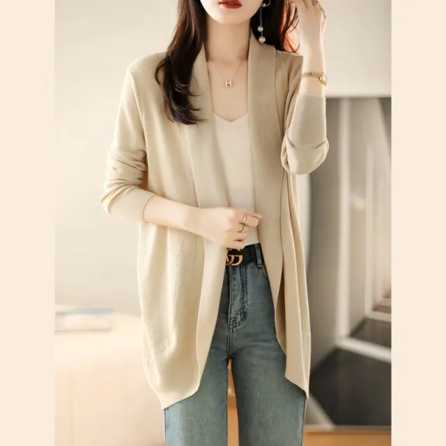 Women's Lapel Fashion Long Sleeve Shawl Sweater Beige 606 - Shop at LoveMi