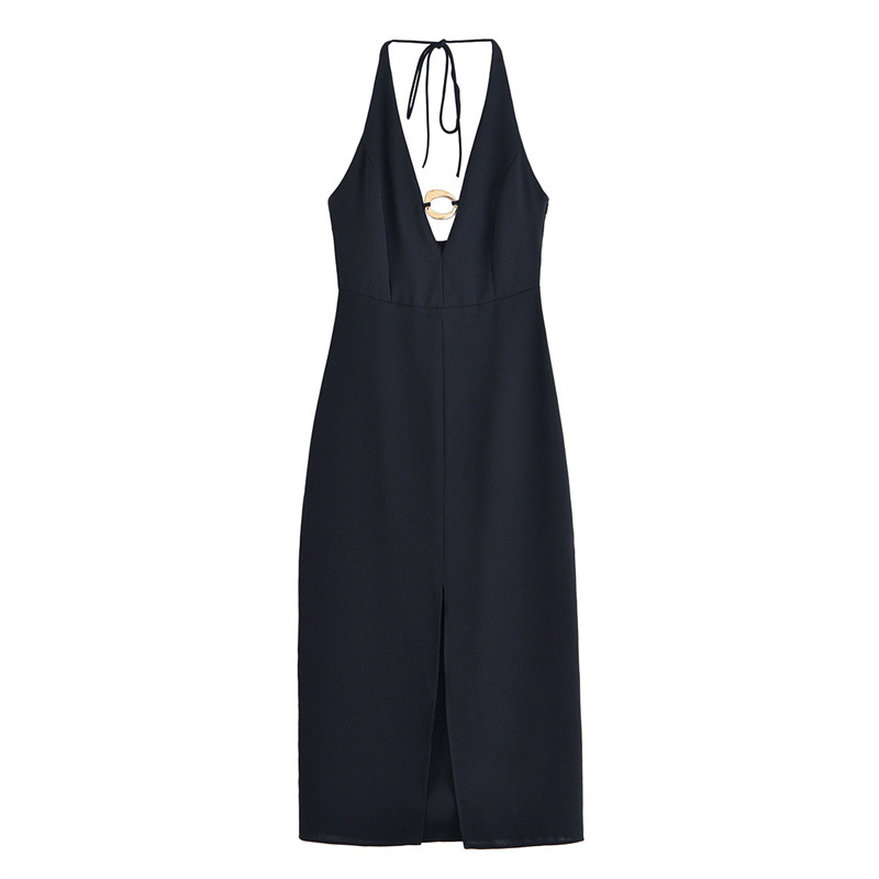 Gold Inlaid Midi Skirt Halter Women's Dress