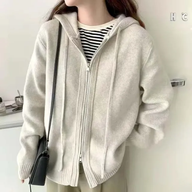 Hooded Sweater Knitted Cardigan Slimming Coat Apricot - Shop at LoveMi