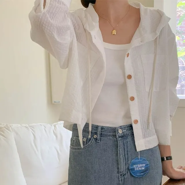 Single breasted Striped Contrast Color Short Loose Long Sleeves Sun Protection Hooded Shirt White - Shop at LoveMi