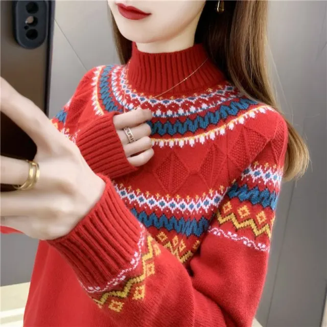 Autumn And Winter Blue Pullover Mock Neck Sweater Women's New Loose Red - Shop at LoveMi