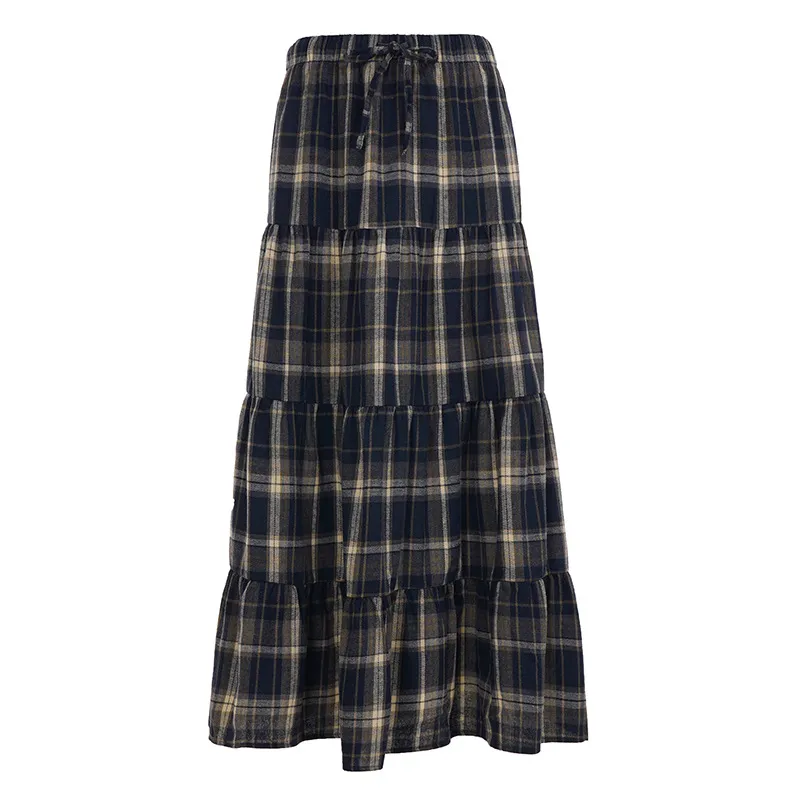 British Retro Plaid Patchwork A-Line Skirt - Blue