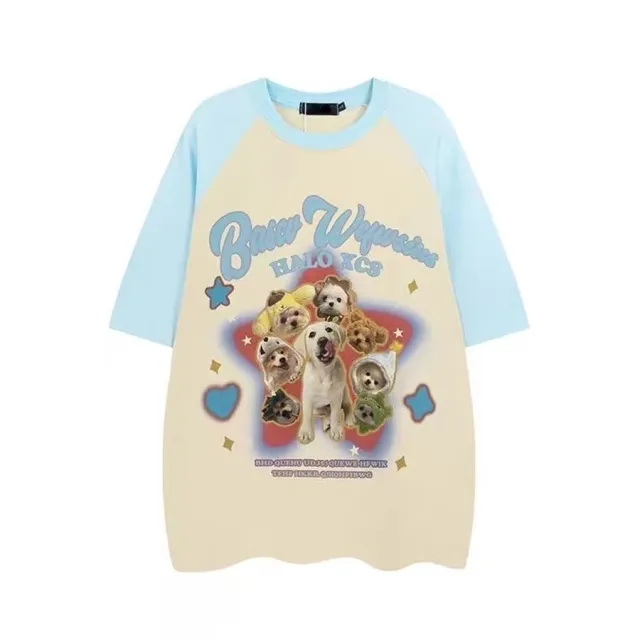 Cartoon Puppy Printed Raglan Short Sleeve Sweet Cool Top Blue - Shop at LoveMi