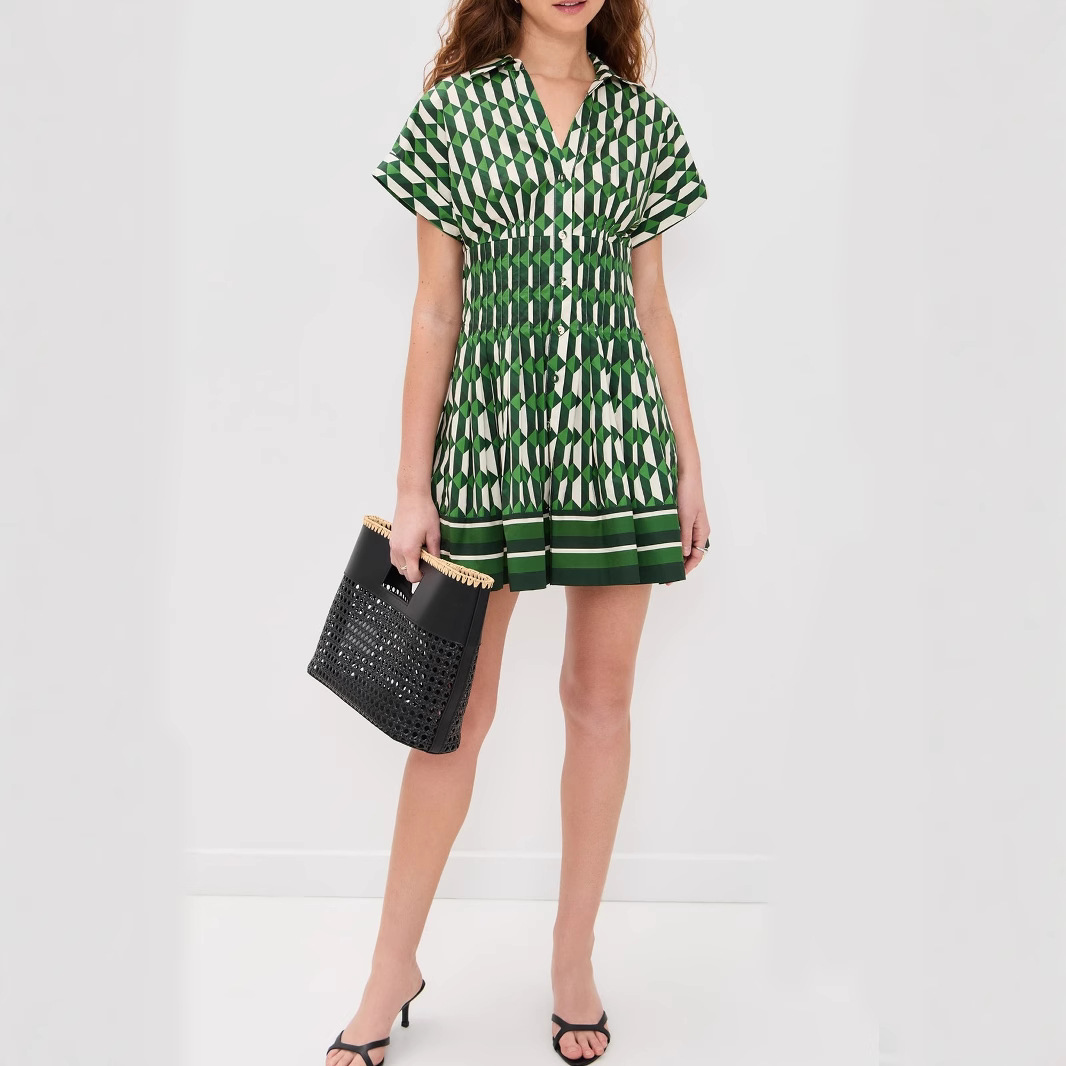 Fitted-waist V-neck Button-front Short-sleeve Dress