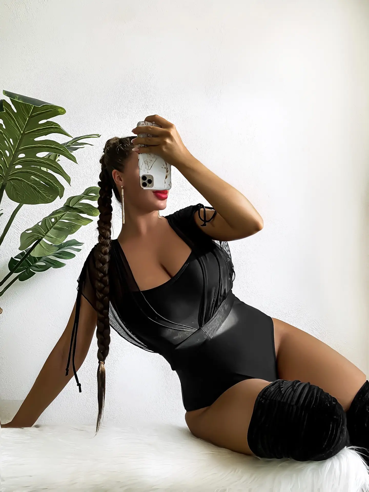One-piece High Waist Mesh V-neck Top