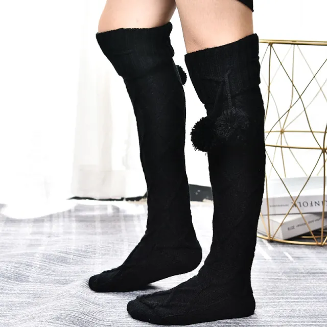 Fur Ball Over The Knee Breathable Christmas Knitted Socks Black - Shop at LoveMi