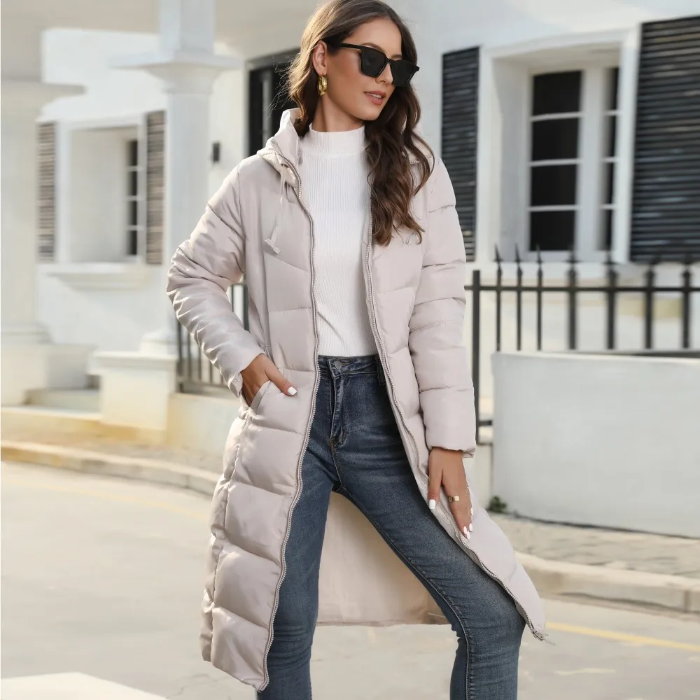 Hooded Women's Cotton Padded Clothing Women's Mid-length Slim Fit - Khaki