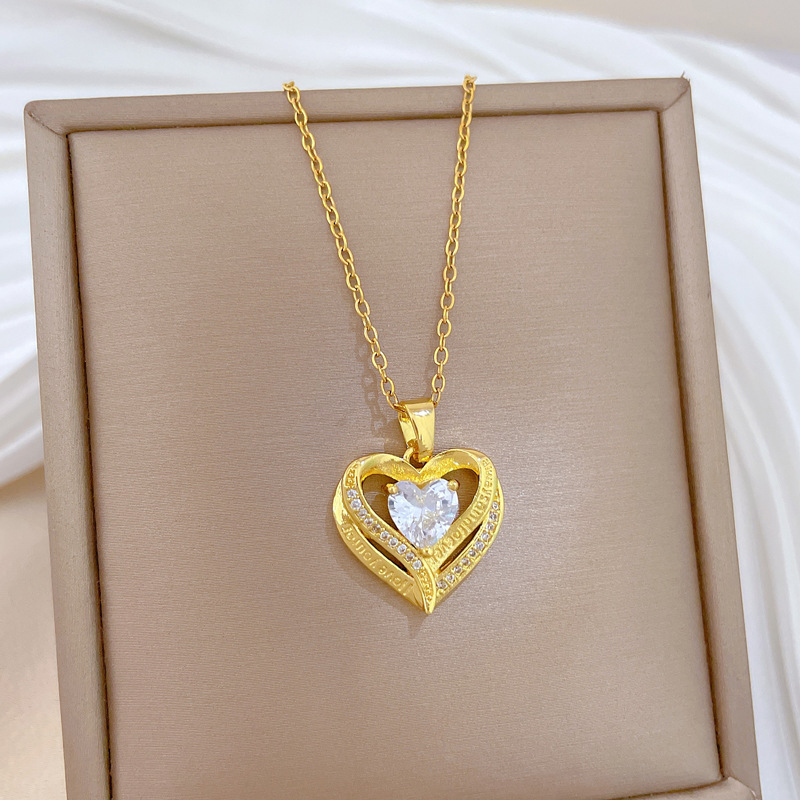 Filigree Double-Layer Heart Necklace Fully Paved With Diamonds For Women