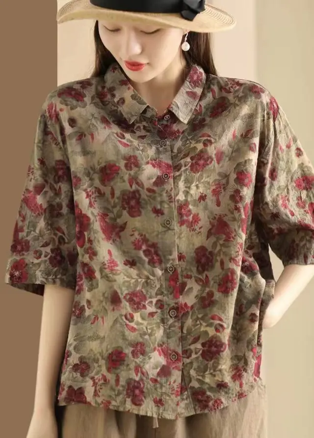 Retro Fried Color Printing Cotton Linen Shirt Red - Shop at LoveMi