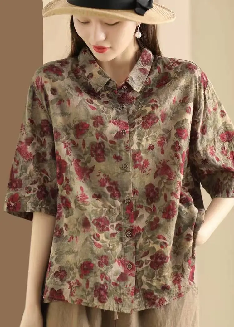 Retro Fried Color Printing Cotton Linen Shirt - Red