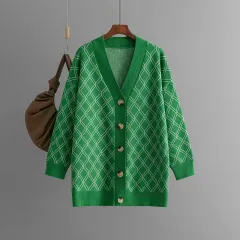 V-neck Cardigan Sweater Casual Loose Diamond Plaid Sweater Coat - Green - View 1