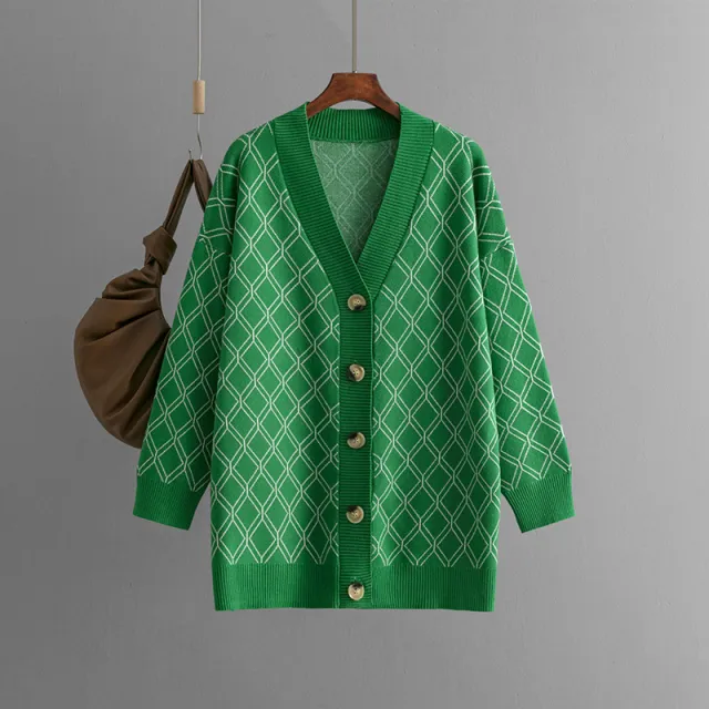 V neck Cardigan Sweater Casual Loose Diamond Plaid Sweater Coat Green - Shop at LoveMi