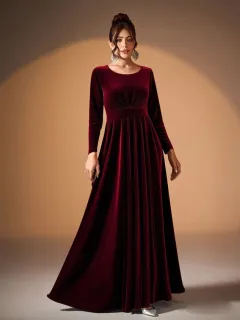 Plus Size Velvet Long Sleeve Dress With Pleats - Wine Red - View 1