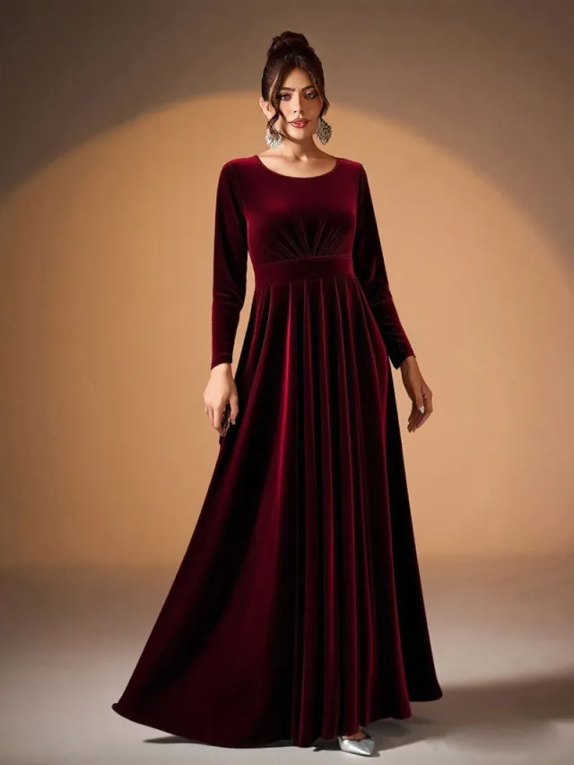 Plus Size Velvet Long Sleeve Dress With Pleats Wine Red - Shop at LoveMi