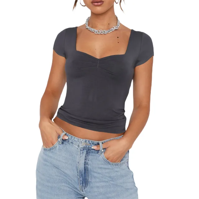French Style Vintage Wide Shoulder Strap Slim Chest Pleated Short Sleeves Women Gray - Shop at LoveMi