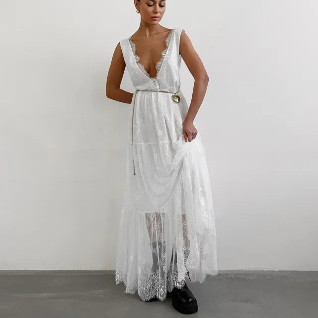 Women's V neck Loose Backless Long Dress White - Shop at LoveMi