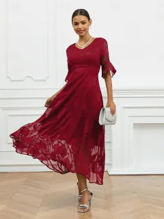 Large Swing Fashionable Elegant V-neck Elegant Dress - Wine Red - View 1