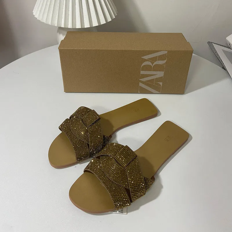 Women's All-match Rhinestone Fashion Open Toe Back Empty Fashion Outer Wear Round Toe Beach Shoes Flat Sandals - Gold