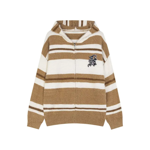 American Patch Letter Stripes Mohair Cardigan Hoodie Brown - Shop at LoveMi