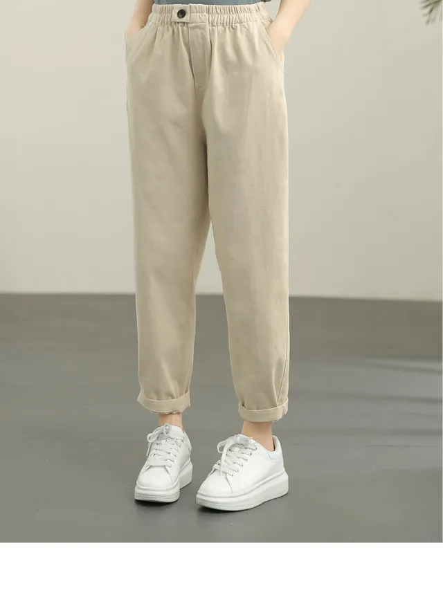 Pure Color Elastic Waist Slimming Harem Pants Cropped Pants Apricot - Shop at LoveMi