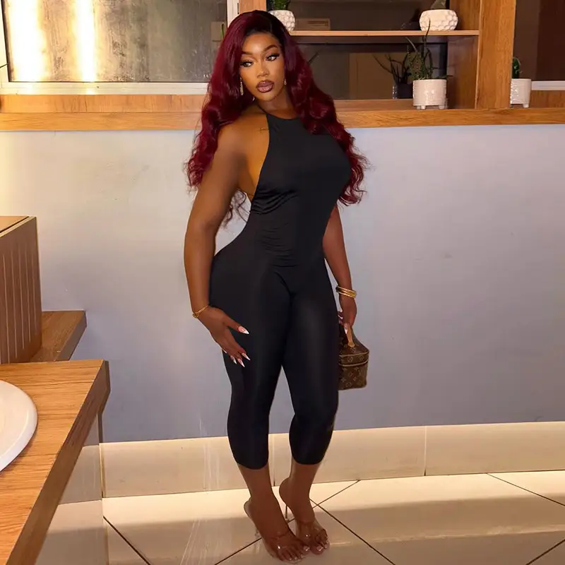 Solid-color Slim-fit Sexy Chic Halter Backless Tie-neck Cropped Jumpsuit