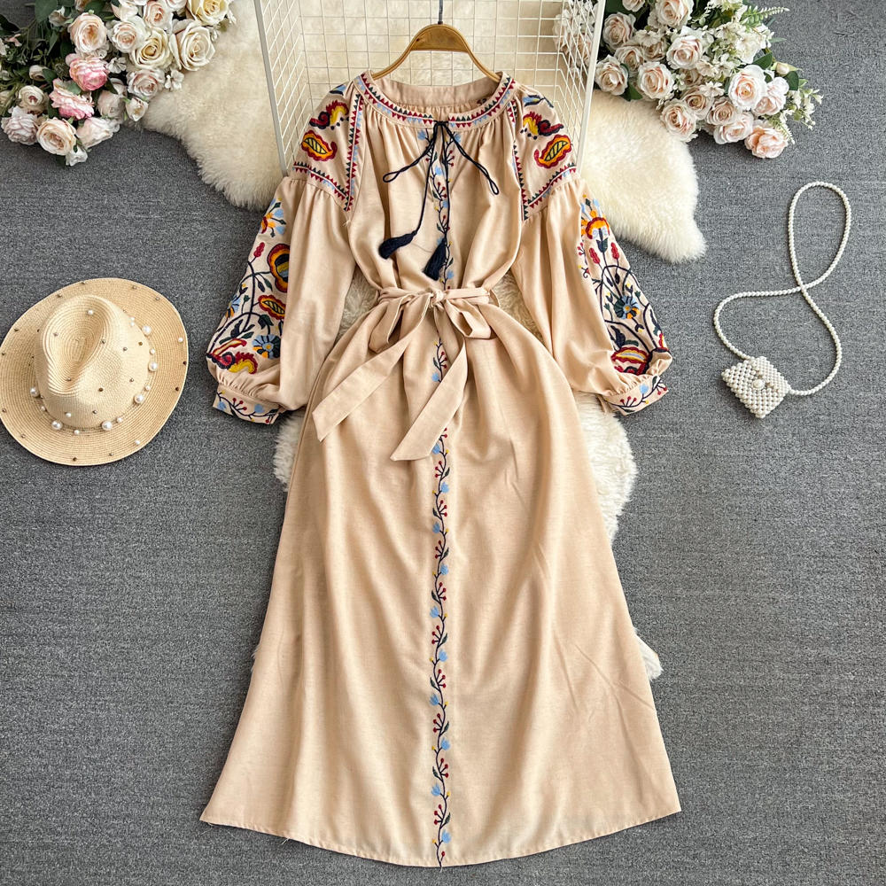 Embroidered Lantern-Sleeve Midi Dress