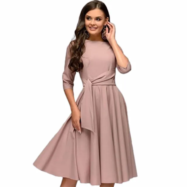 Autumn New Roun Neck Mi Sleeve Lace Up Waist Retro Elegant L Apricot - Shop at LoveMi