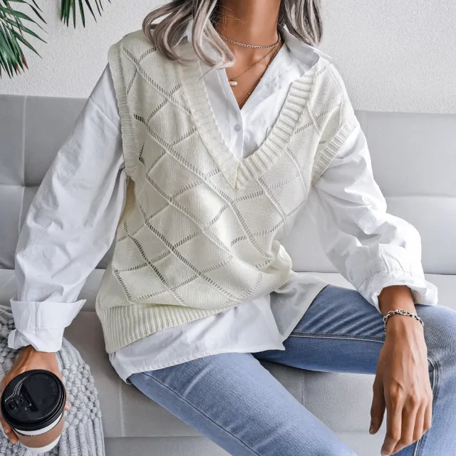 Women's V neck Hollow Rhombus Casual Knitted Sweater Vest White - Shop at LoveMi