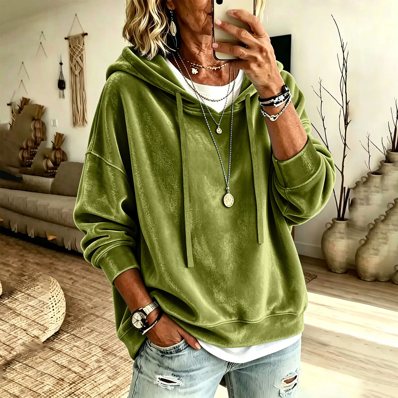 Womens Casual Solid-Color Hooded Long-Sleeve Top