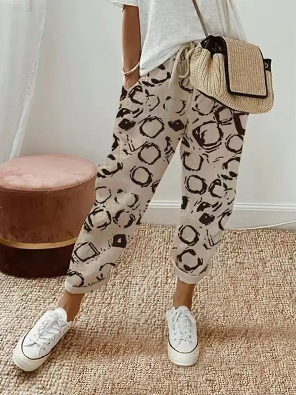 Women's Printed Cotton And Linen Casual Pants Khaki Black Circle - Shop at LoveMi