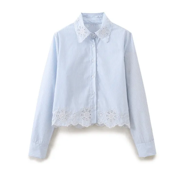 European And American Style Fashion All match Hollow Embroidered Stripes Short Shirt - Shop at LoveMi