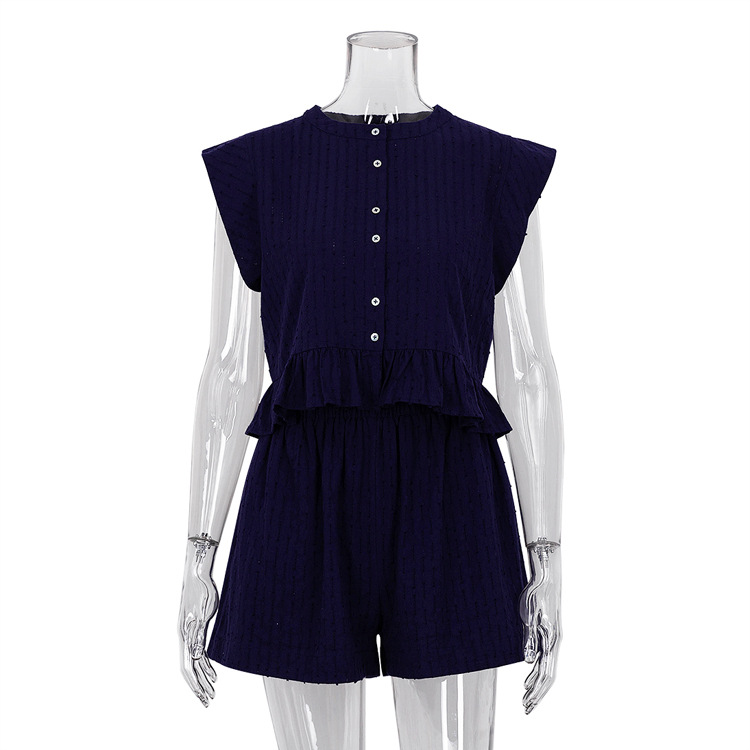 Summer Jacquard Short Sleeve Design Shirt Shorts Suit Dark Blue - Shop at LoveMi