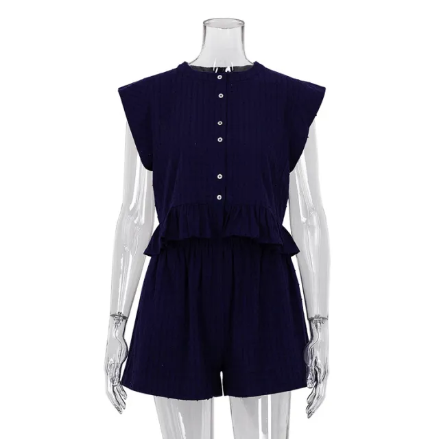Summer Jacquard Short Sleeve Design Shirt Shorts Suit Dark Blue - Shop at LoveMi