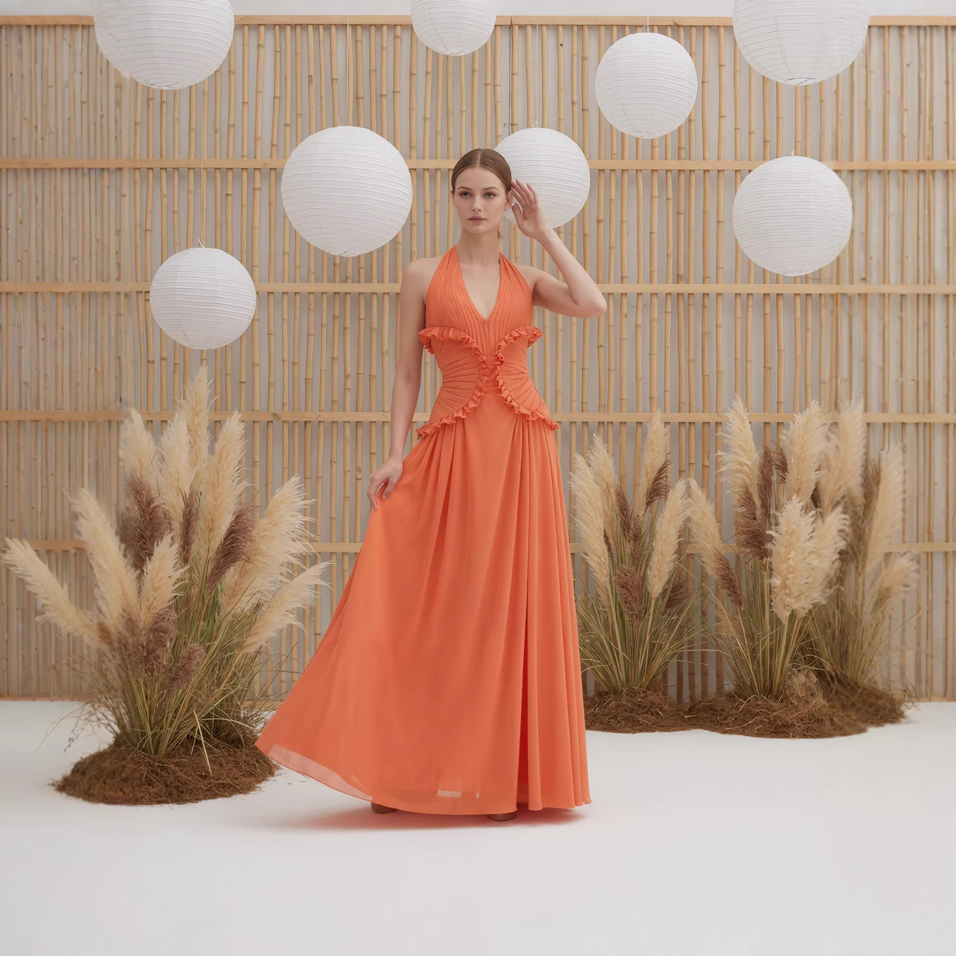 Hollow-out Halter Floor-length Dress