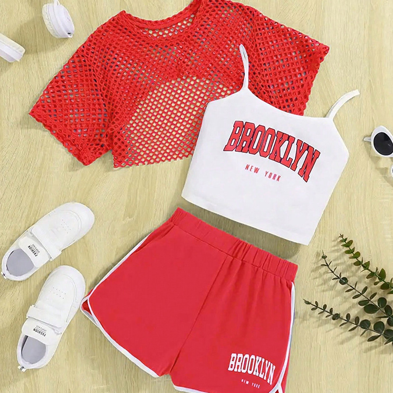 Summer New Mesh Shirt Short-Sleeve Top Pullover Three-Piece Set