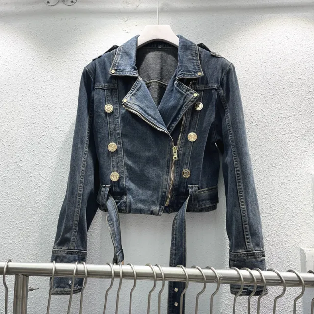 Fashion Denim Jacket Women's Retro High Waist Crop Top Retro Blue - Shop at LoveMi