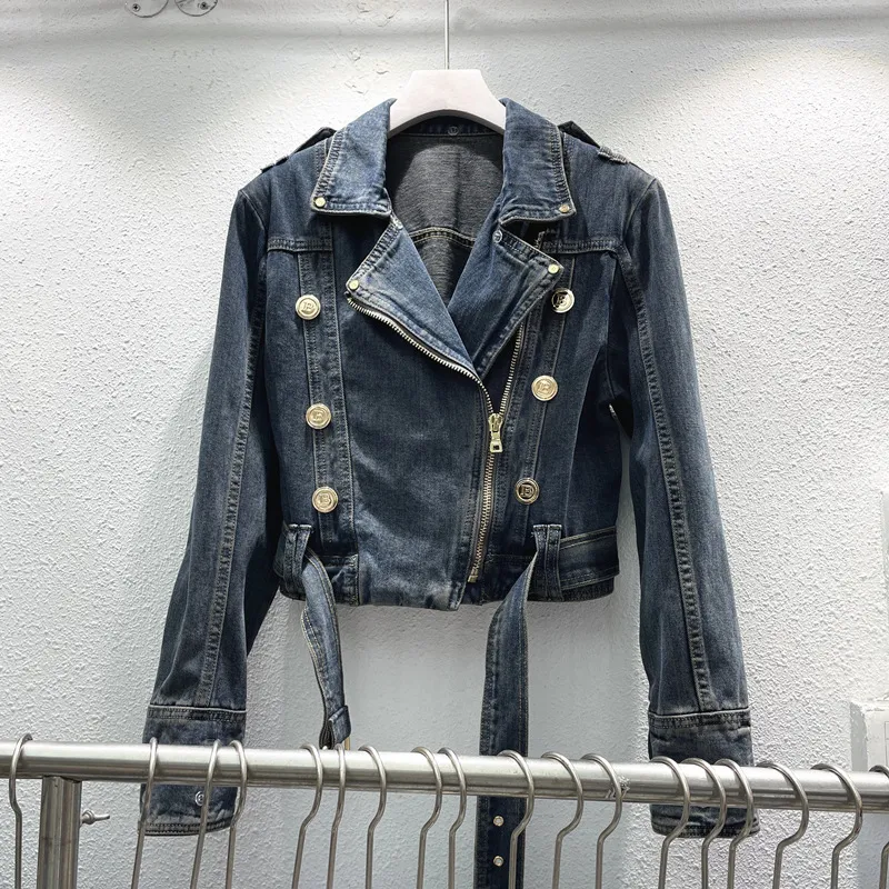 Fashion Denim Jacket Women's Retro High Waist Crop Top - Retro Blue