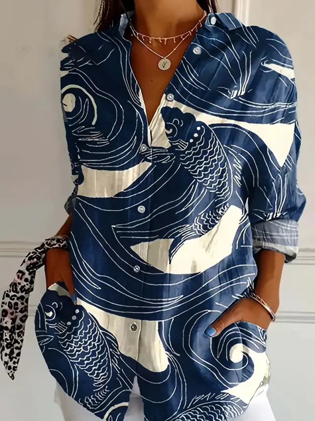 Women's Color Matching Casual Loose Button Digital Printing Shirt Style08 4Xl - Shop at LoveMi