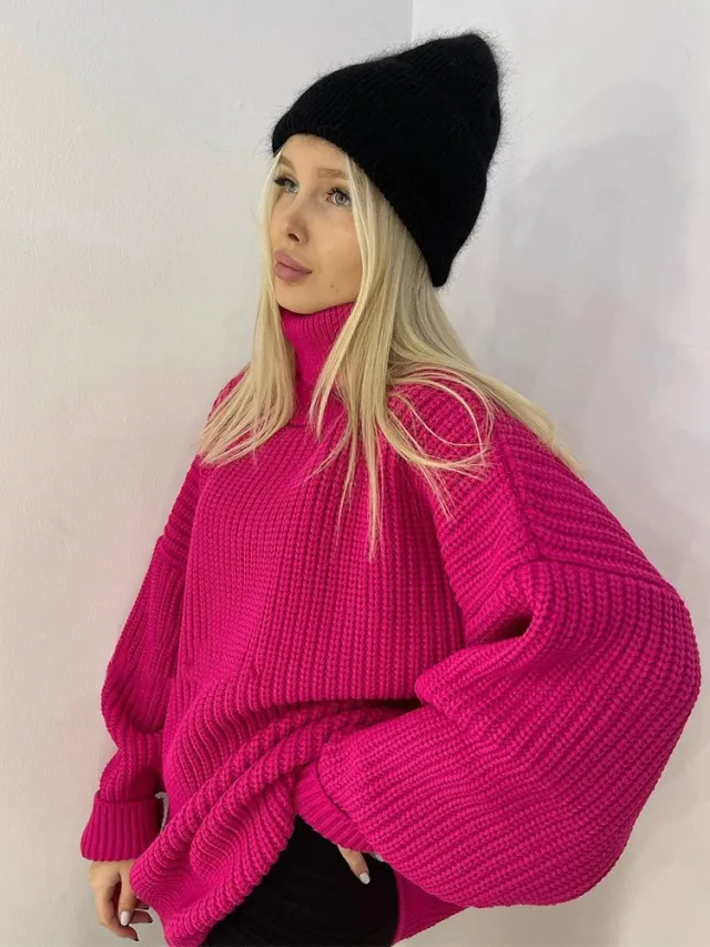 Thick Autumn And Winter Turtleneck Sweater Casual Solid Color Russian Knitwear Rose Red - Shop at LoveMi