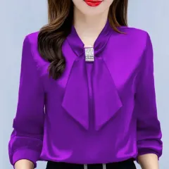 Satin V-Neck Business Temperament Shirt Long Sleeve Bow Solid Colour Bow Diamond Top - Violet-2Xl - View 1
