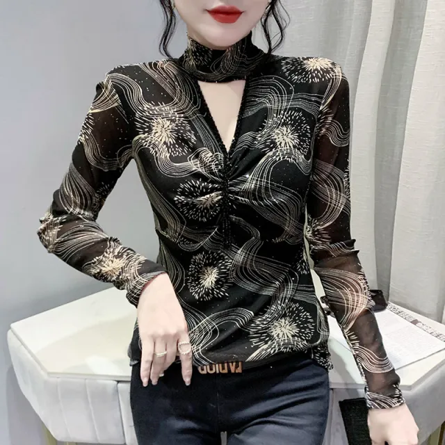 Half Turtleneck Bottoming Shirt Sexy Leopard Print Long Sleeve Black - Shop at LoveMi