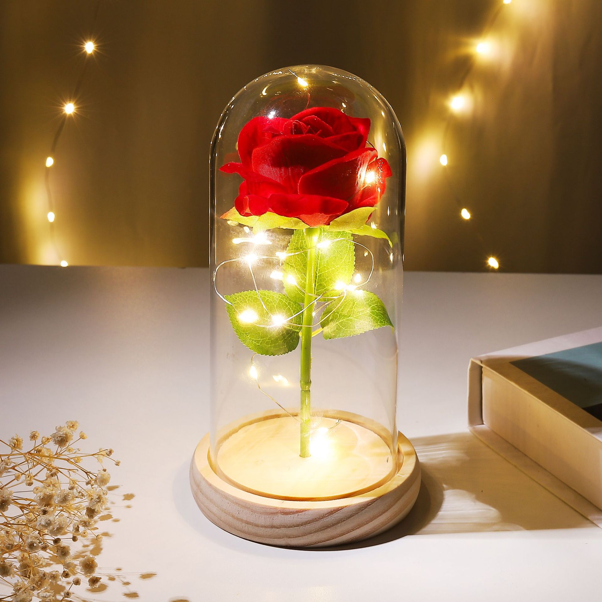 Preserved Flower Glass Dome Artificial Rose Night Light For Christmas