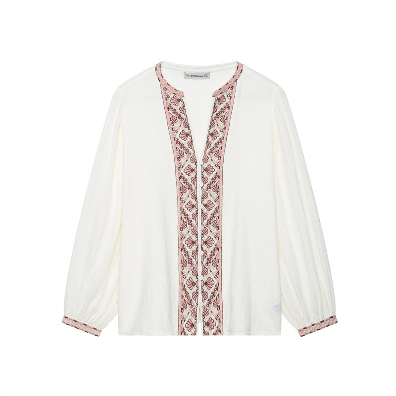 Retro Ethnic Style Mori Style Embroidered Long Sleeve Ramie Shirt